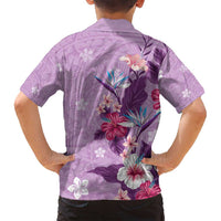 Hawaii Tropical Flowers Family Matching Off Shoulder Maxi Dress and Hawaiian Shirt Polynesian Tattoo Lavender