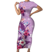 Hawaii Tropical Flowers Short Sleeve Bodycon Dress Polynesian Tattoo Lavender