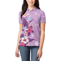 Hawaii Tropical Flowers Women Polo Shirt Polynesian Tattoo Lavender