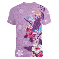 Hawaii Tropical Flowers Women V-Neck T-Shirt Polynesian Tattoo Lavender LT05 - Polynesian Pride