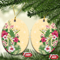 Hawaii Tropical Flowers Ceramic Ornament Polynesian Tattoo Buttermilk LT05 Oval Beige - Polynesian Pride