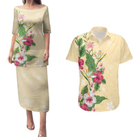 Hawaii Tropical Flowers Couples Matching Puletasi and Hawaiian Shirt Polynesian Tattoo Buttermilk LT05 Beige - Polynesian Pride