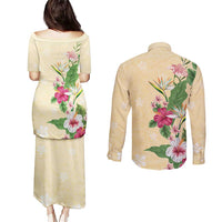Hawaii Tropical Flowers Couples Matching Puletasi and Long Sleeve Button Shirt Polynesian Tattoo Buttermilk LT05 - Polynesian Pride
