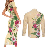 Hawaii Tropical Flowers Couples Matching Short Sleeve Bodycon Dress and Long Sleeve Button Shirt Polynesian Tattoo Buttermilk LT05 - Polynesian Pride