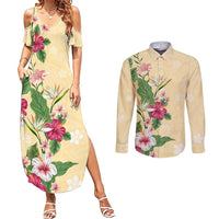 Hawaii Tropical Flowers Couples Matching Summer Maxi Dress and Long Sleeve Button Shirt Polynesian Tattoo Buttermilk LT05 Beige - Polynesian Pride