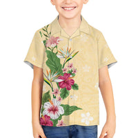 Hawaii Tropical Flowers Family Matching Off Shoulder Short Dress and Hawaiian Shirt Polynesian Tattoo Buttermilk LT05 Son's Shirt Beige - Polynesian Pride