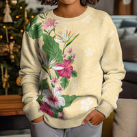 Hawaii Tropical Flowers Kid Ugly Christmas Sweater Polynesian Tattoo Buttermilk