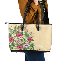 Hawaii Tropical Flowers Leather Tote Bag Polynesian Tattoo Buttermilk LT05 - Polynesian Pride