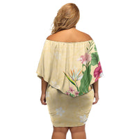 Hawaii Tropical Flowers Off Shoulder Short Dress Polynesian Tattoo Buttermilk LT05 - Polynesian Pride