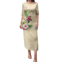 Hawaii Tropical Flowers Puletasi Polynesian Tattoo Buttermilk LT05 Long Dress Beige - Polynesian Pride