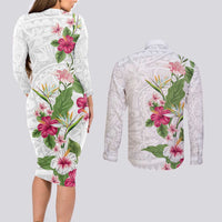 Hawaii Tropical Flowers Couples Matching Long Sleeve Bodycon Dress and Long Sleeve Button Shirt Polynesian Tattoo White LT05 - Polynesian Pride