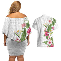 Hawaii Tropical Flowers Couples Matching Off Shoulder Short Dress and Hawaiian Shirt Polynesian Tattoo White LT05 - Polynesian Pride