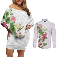Hawaii Tropical Flowers Couples Matching Off Shoulder Short Dress and Long Sleeve Button Shirt Polynesian Tattoo White LT05 White - Polynesian Pride