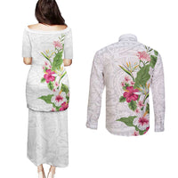 Hawaii Tropical Flowers Couples Matching Puletasi and Long Sleeve Button Shirt Polynesian Tattoo White LT05 - Polynesian Pride