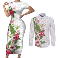 Hawaii Tropical Flowers Couples Matching Short Sleeve Bodycon Dress and Long Sleeve Button Shirt Polynesian Tattoo White LT05 White - Polynesian Pride