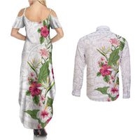 Hawaii Tropical Flowers Couples Matching Summer Maxi Dress and Long Sleeve Button Shirt Polynesian Tattoo White LT05 - Polynesian Pride