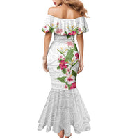 Hawaii Tropical Flowers Family Matching Mermaid Dress and Hawaiian Shirt Polynesian Tattoo White