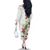 Hawaii Tropical Flowers Family Matching Off The Shoulder Long Sleeve Dress and Hawaiian Shirt Polynesian Tattoo White