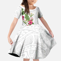 Hawaii Tropical Flowers Family Matching Tank Maxi Dress and Hawaiian Shirt Polynesian Tattoo White