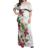 Hawaii Tropical Flowers Off Shoulder Maxi Dress Polynesian Tattoo White LT05 Women White - Polynesian Pride