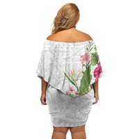 Hawaii Tropical Flowers Off Shoulder Short Dress Polynesian Tattoo White LT05 - Polynesian Pride
