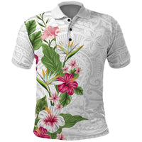 Hawaii Tropical Flowers Polo Shirt Polynesian Tattoo White