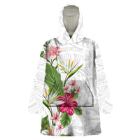 Hawaii Tropical Flowers Wearable Blanket Hoodie Polynesian Tattoo White LT05 One Size White - Polynesian Pride