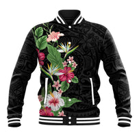 Hawaii Tropical Flowers Baseball Jacket Polynesian Tattoo Black LT05 Unisex Black - Polynesian Pride