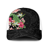 Hawaii Tropical Flowers Baseball Net Cap Polynesian Tattoo Black LT05 One Size White Black - Polynesian Pride