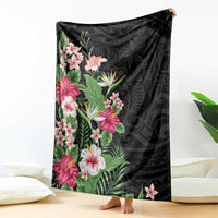 Hawaii Tropical Flowers Blanket Polynesian Tattoo Black LT05 - Polynesian Pride