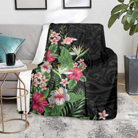 Hawaii Tropical Flowers Blanket Polynesian Tattoo Black LT05 - Polynesian Pride