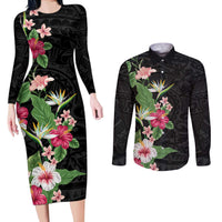 Hawaii Tropical Flowers Couples Matching Long Sleeve Bodycon Dress and Long Sleeve Button Shirt Polynesian Tattoo Black LT05 Black - Polynesian Pride
