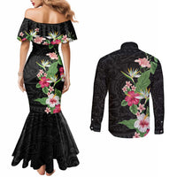 Hawaii Tropical Flowers Couples Matching Mermaid Dress and Long Sleeve Button Shirt Polynesian Tattoo Black LT05 - Polynesian Pride
