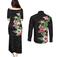 Hawaii Tropical Flowers Couples Matching Puletasi and Long Sleeve Button Shirt Polynesian Tattoo Black LT05 - Polynesian Pride