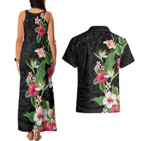 Hawaii Tropical Flowers Couples Matching Tank Maxi Dress and Hawaiian Shirt - Polynesian Tattoo Black LT05 - Polynesian Pride
