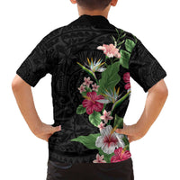 Hawaii Tropical Flowers Family Matching Off The Shoulder Long Sleeve Dress and Hawaiian Shirt Polynesian Tattoo Black