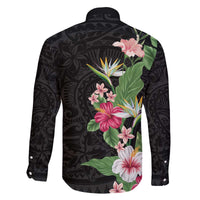 Hawaii Tropical Flowers Family Matching Off The Shoulder Long Sleeve Dress and Hawaiian Shirt Polynesian Tattoo Black