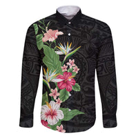 Hawaii Tropical Flowers Family Matching Tank Maxi Dress and Hawaiian Shirt Polynesian Tattoo Black