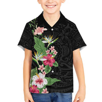 Hawaii Tropical Flowers Hawaiian Shirt Polynesian Tattoo Black
