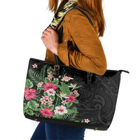 Hawaii Tropical Flowers Leather Tote Bag Polynesian Tattoo Black LT05 Black - Polynesian Pride