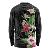 Hawaii Tropical Flowers Long Sleeve Shirt Polynesian Tattoo Black