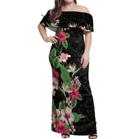 Hawaii Tropical Flowers Off Shoulder Maxi Dress Polynesian Tattoo Black LT05 Women Black - Polynesian Pride