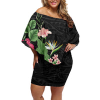 Hawaii Tropical Flowers Off Shoulder Short Dress Polynesian Tattoo Black LT05 Women Black - Polynesian Pride