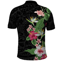 Hawaii Tropical Flowers Polo Shirt Polynesian Tattoo Black
