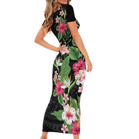 Hawaii Tropical Flowers Short Sleeve Bodycon Dress Polynesian Tattoo Black