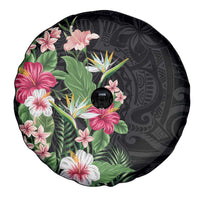 Hawaii Tropical Flowers Spare Tire Cover Polynesian Tattoo Black LT05 - Polynesian Pride