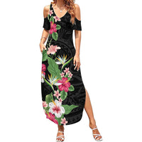 Hawaii Tropical Flowers Summer Maxi Dress Polynesian Tattoo Black LT05 Women Black - Polynesian Pride
