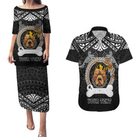 Personalized Pitbull Dog Couples Matching Puletasi Dress and Hawaiian Shirt With Polynesian Heart Name Tags LT05 Black - Polynesian Pride