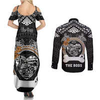 Personalized Pitbull Dog Couples Matching Summer Maxi Dress and Long Sleeve Button Shirts With Polynesian Heart Name Tags LT05 - Polynesian Pride