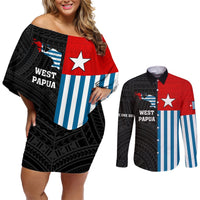 Personalised West Papua Couples Matching Off Shoulder Short Dress and Long Sleeve Button Shirt Polynesian Pattern With Coat Of Arms LT05 Blue - Polynesian Pride